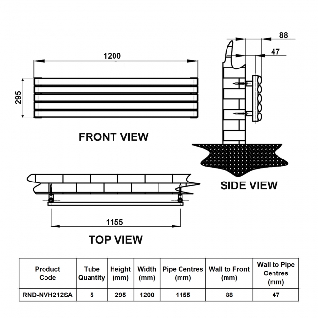Reina Nevah Single Designer Horizontal Radiator 295mm H x 1200mm W Anthracite