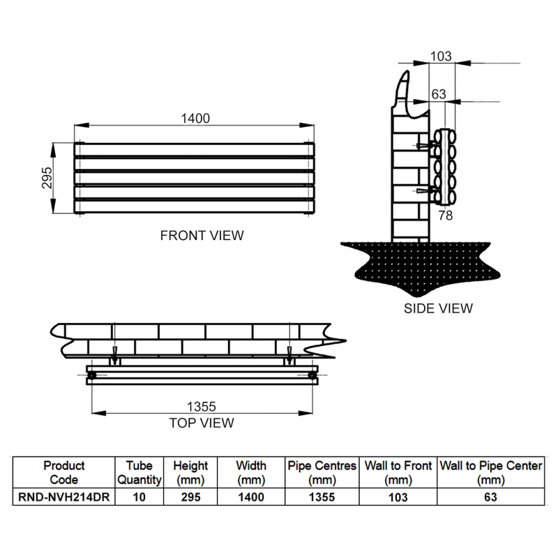 Reina Nevah Double Designer Horizontal Radiator 295mm H x 1400mm W RAL  | Dimension Image