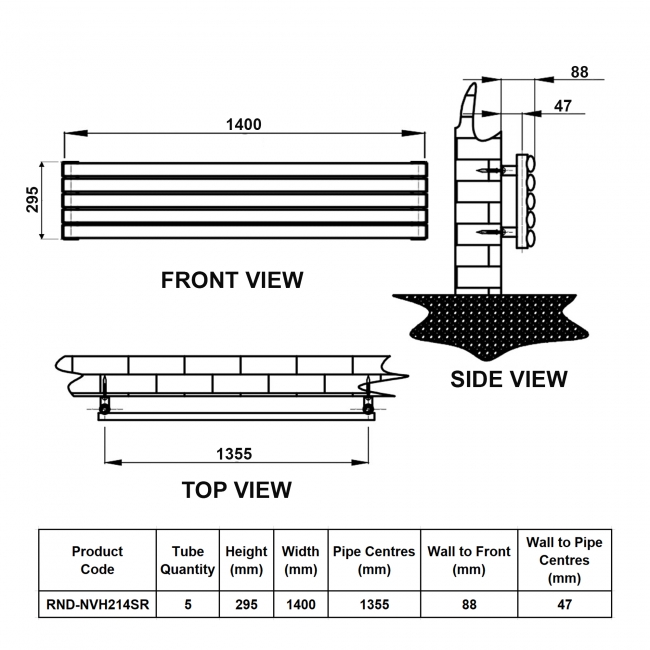 Reina Nevah Single Designer Horizontal Radiator 295mm H x 1400mm W RAL