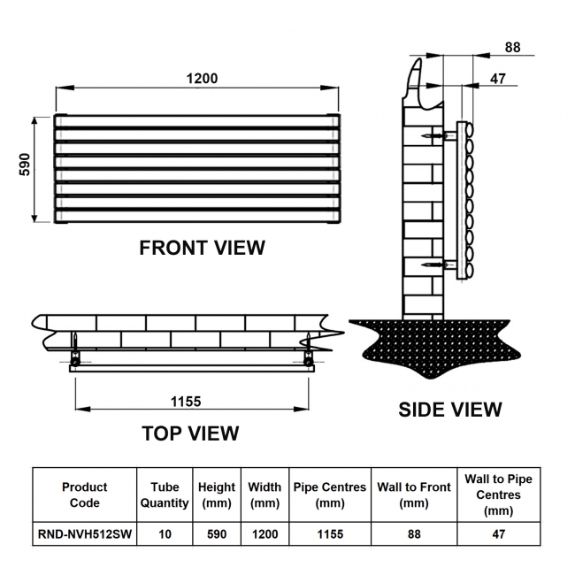 Reina Nevah Single Designer Horizontal Radiator 590mm H x 1200mm W White