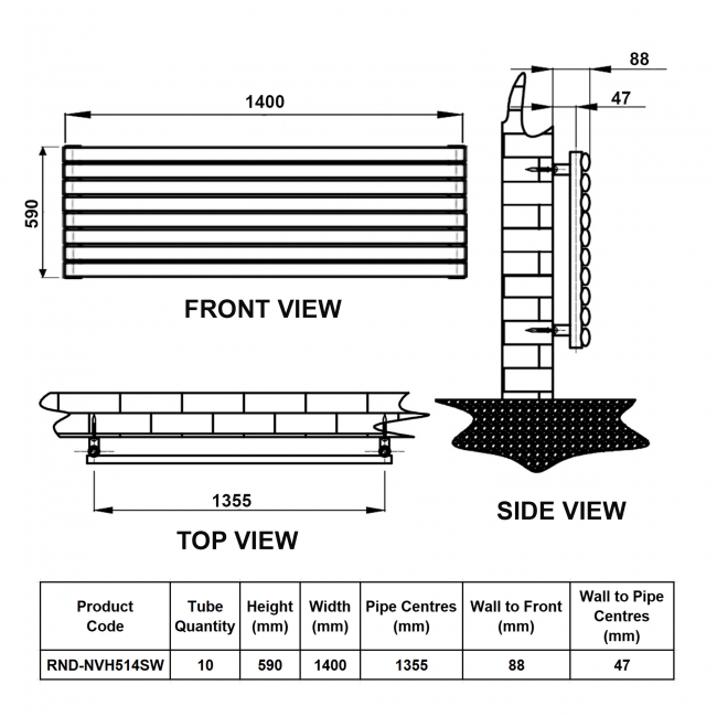 Reina Nevah Single Designer Horizontal Radiator 590mm H x 1400mm W White