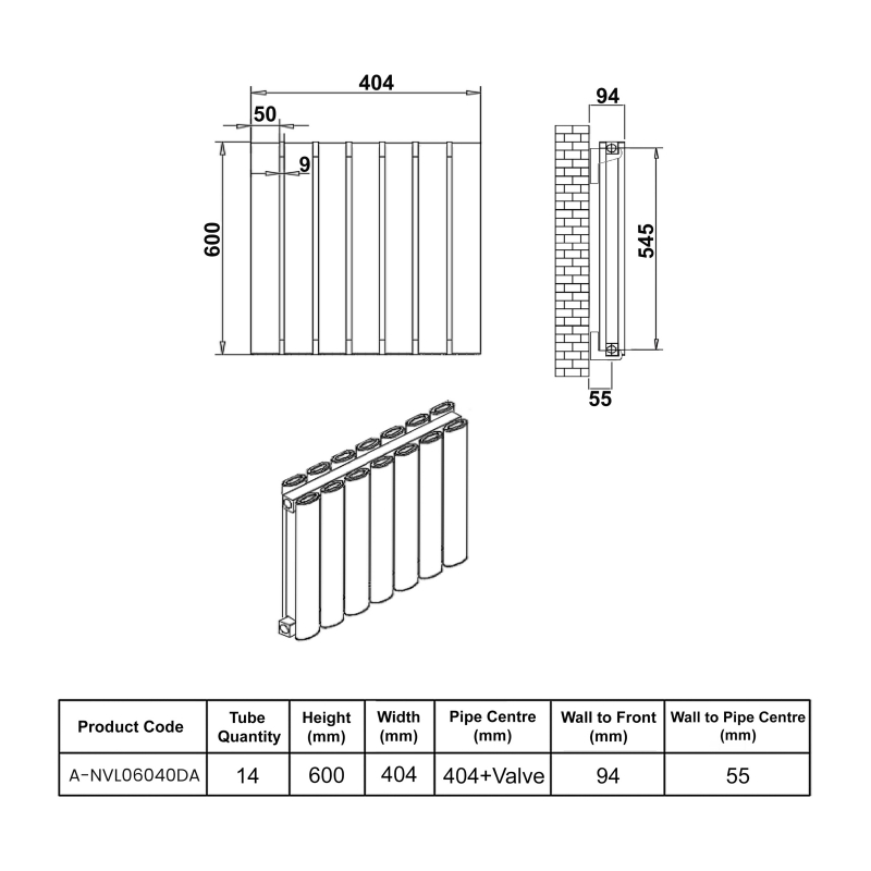 Reina Neval Double Horizontal Aluminium Radiator 600mm H x 404mm W Anthracite