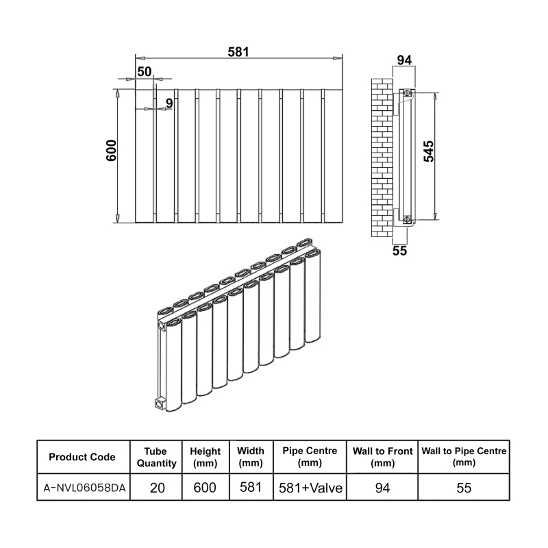 Reina Neval Double Horizontal Aluminium Radiator 600mm H x 581mm W Anthracite