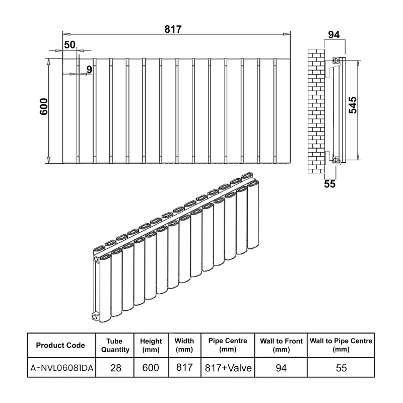 Reina Neval Double Horizontal Aluminium Radiator 600mm H x 817mm W Anthracite