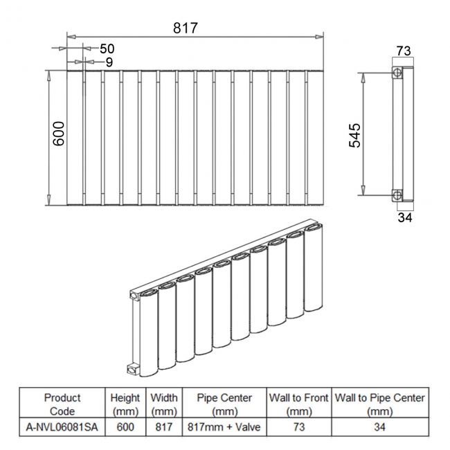 Reina Neval Single Horizontal Aluminium Radiator 600mm H x 817mm W Anthracite