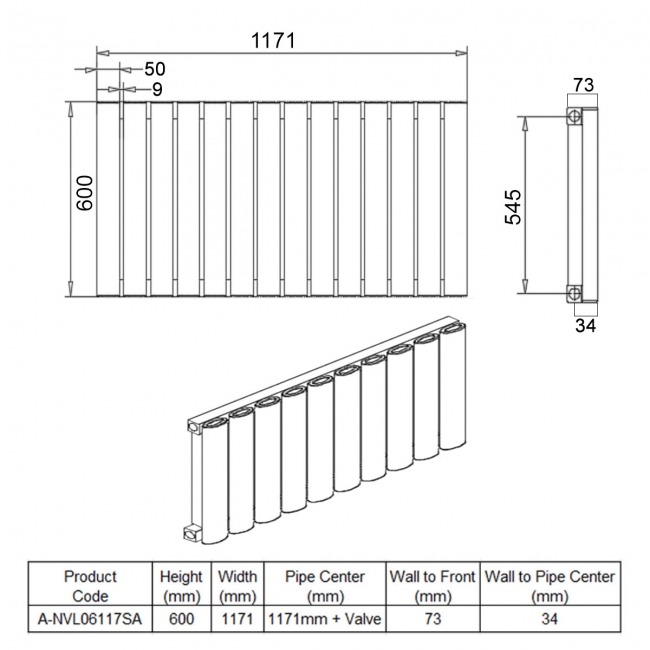 Reina Neval Single Horizontal Aluminium Radiator 600mm H x 1171mm W Anthracite