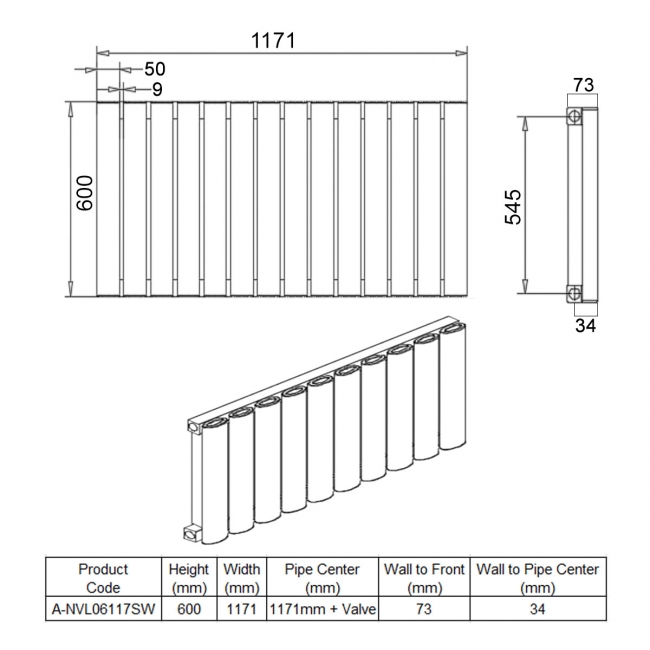 Reina Neval Single Horizontal Aluminium Radiator 600mm H x 1171mm W White  | Dimension Image