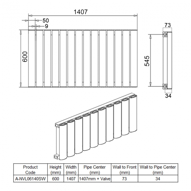 Reina Neval Single Horizontal Aluminium Radiator 600mm H x 1407mm W White