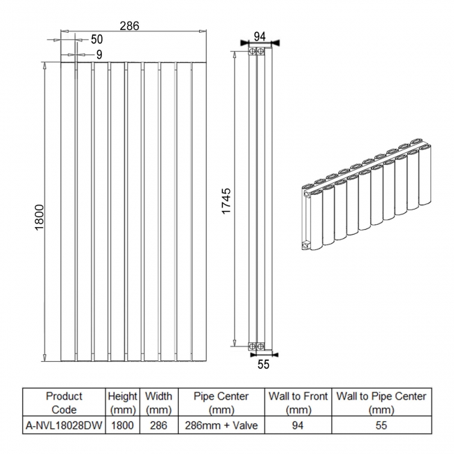 Reina Neval Double Vertical Aluminium Radiator 1800mm H x 286mm W White