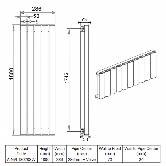 Reina Neval Single Vertical Aluminium Radiator 1800mm H x 286mm W White