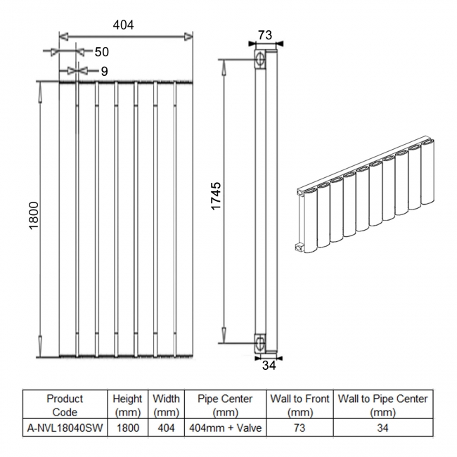 Reina Neval Single Vertical Aluminium Radiator 1800mm H x 404mm W White