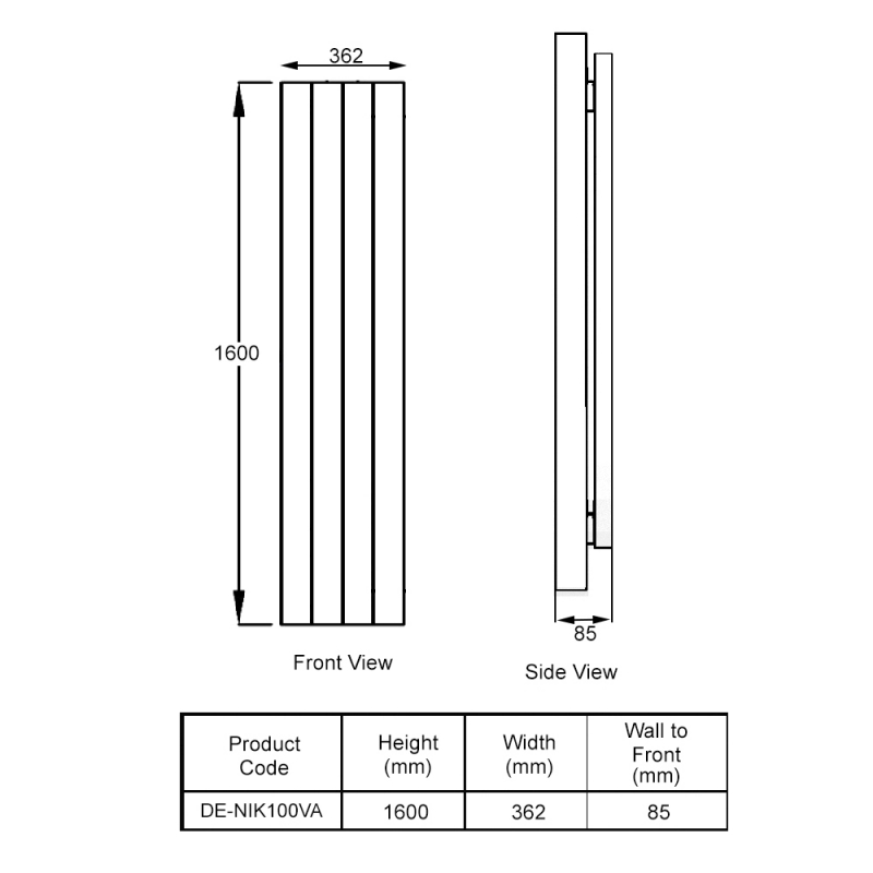 Reina Nika Designer Electric Vertical Radiator 1600mm H x 362mm W - Anthracite