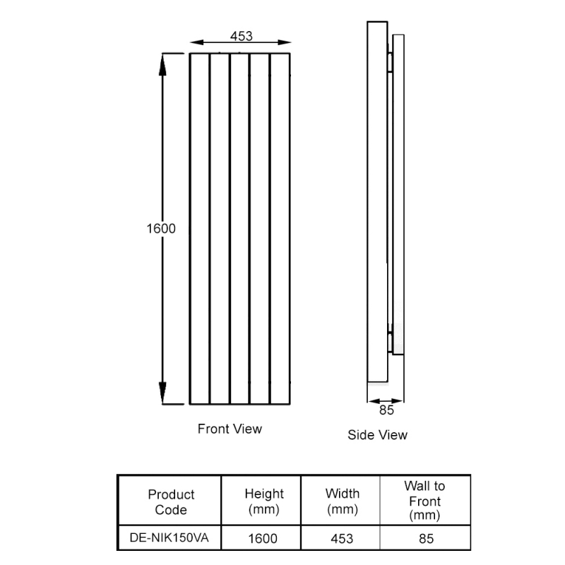 Reina Nika Designer Electric Vertical Radiator 1600mm H x 453mm W - Anthracite  | Dimension Image