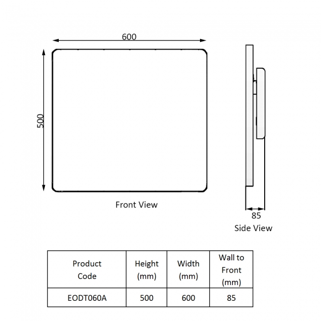 Reina Odet Electric Ceramic Core WiFi Radiator 500mm H x 600mm W - Anthracite  | Dimension Image