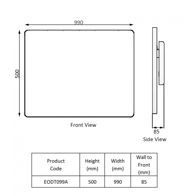Reina Odet Electric Ceramic Core WiFi Radiator 500mm H x 990mm W - Anthracite  | Dimension Image