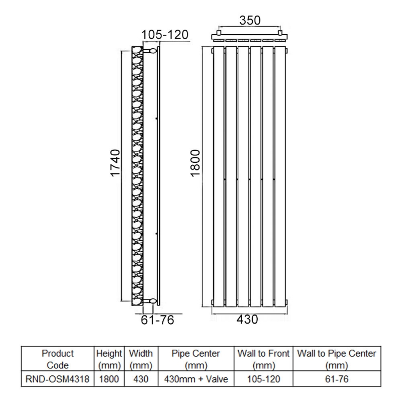Reina Osimo Designer Vertical Radiator 1800mm H x 430mm W Chrome