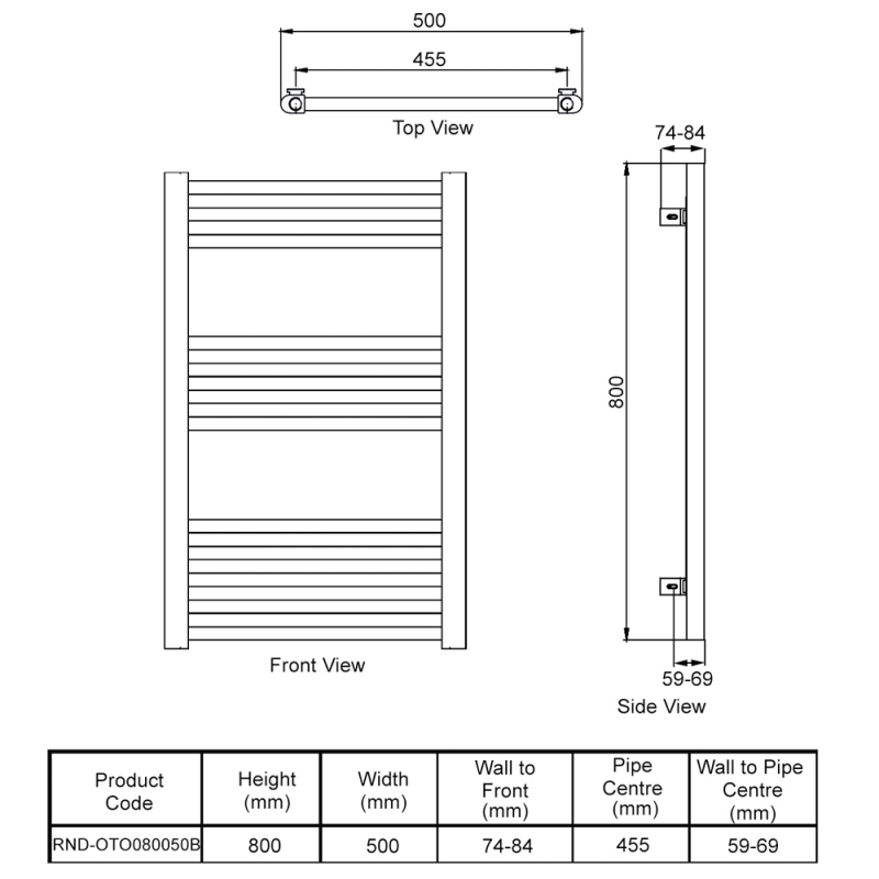 Reina Ottone Heated Towel Rail 800mm H x 500mm W - Brushed Brass  | Dimension Image