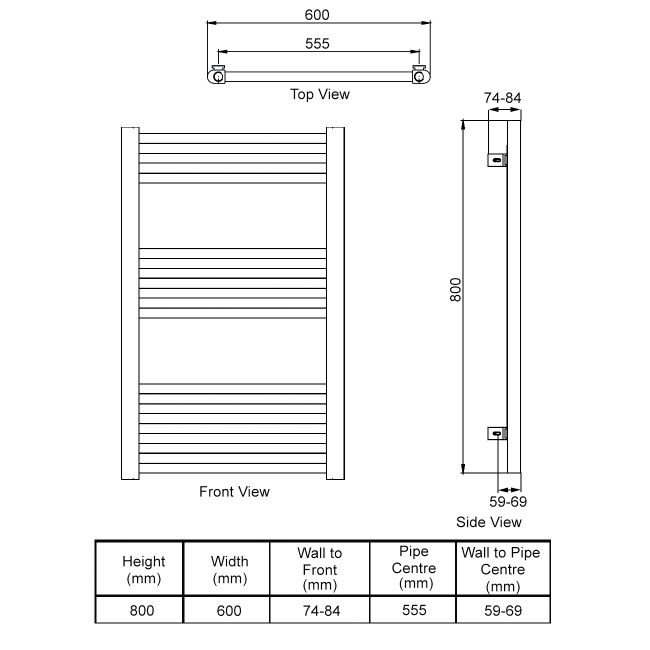 Reina Ottone Heated Towel Rail 800mm H x 600mm W - Brushed Gun Metal  | Dimension Image