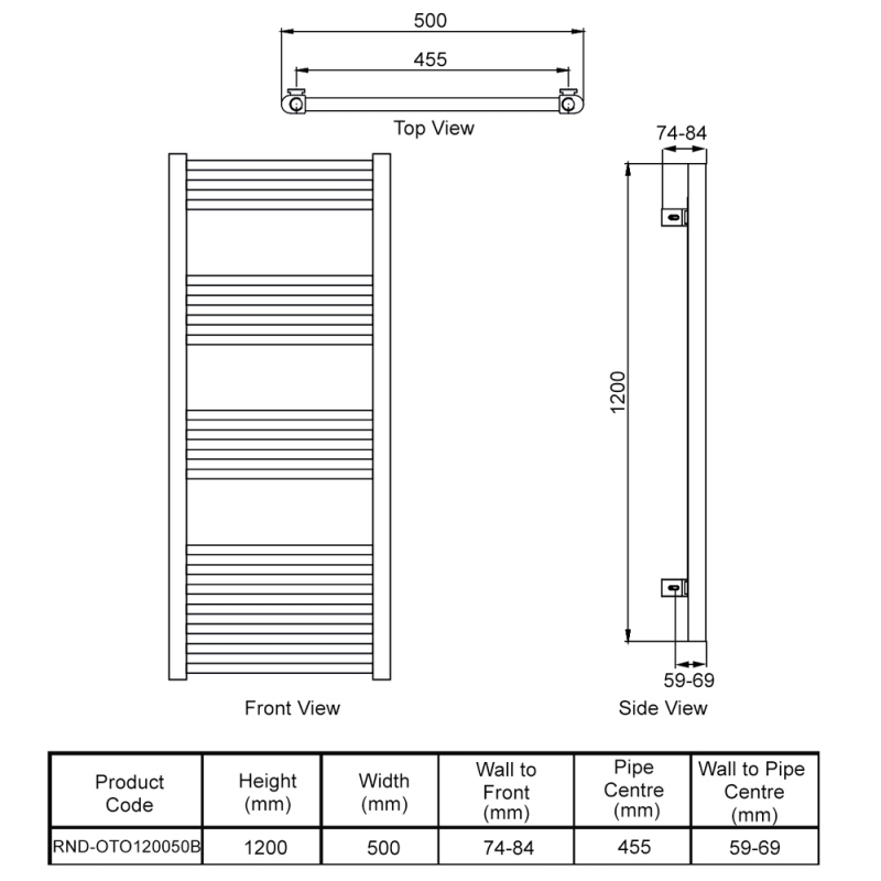 Reina Ottone Heated Towel Rail 1200mm H x 500mm W - Brushed Brass  | Dimension Image