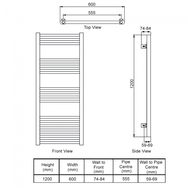 Reina Ottone Heated Towel Rail 1200mm H x 600mm W - Brushed Gun Metal