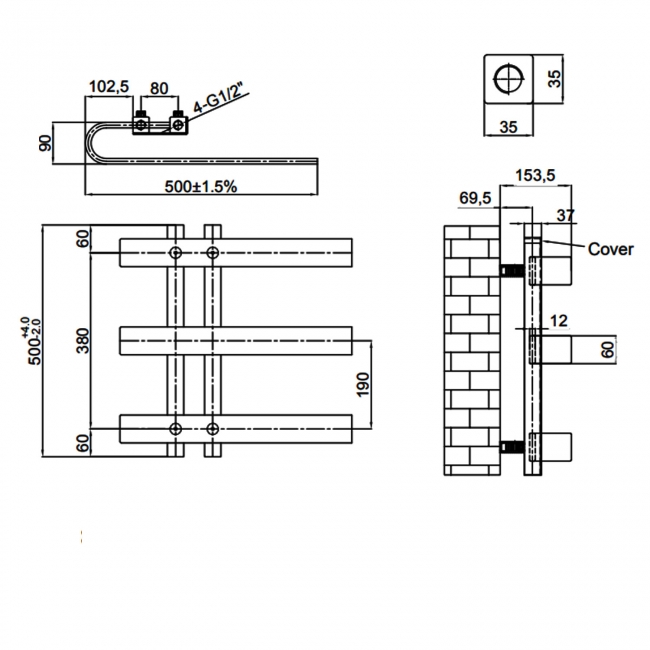 Reina Panaro Designer Heated Towel Rail 500mm H x 500mm W - Brushed Gun Metal