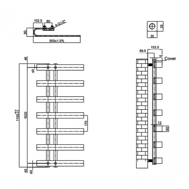 Reina Panaro Designer Heated Towel Rail 1100mm H x 500mm W - Brushed Gun Metal