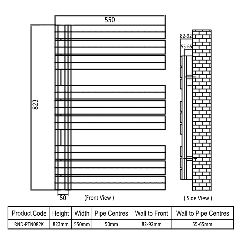 Reina Pettino Flat Panel Heated Towel Rail 823mm H x 550mm W - Black  | Dimension Image