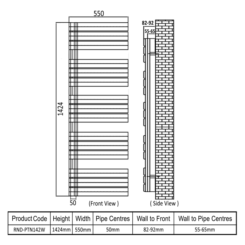 Reina Pettino Flat Panel Heated Towel Rail 1424mm H x 550mm W - White  | Dimension Image