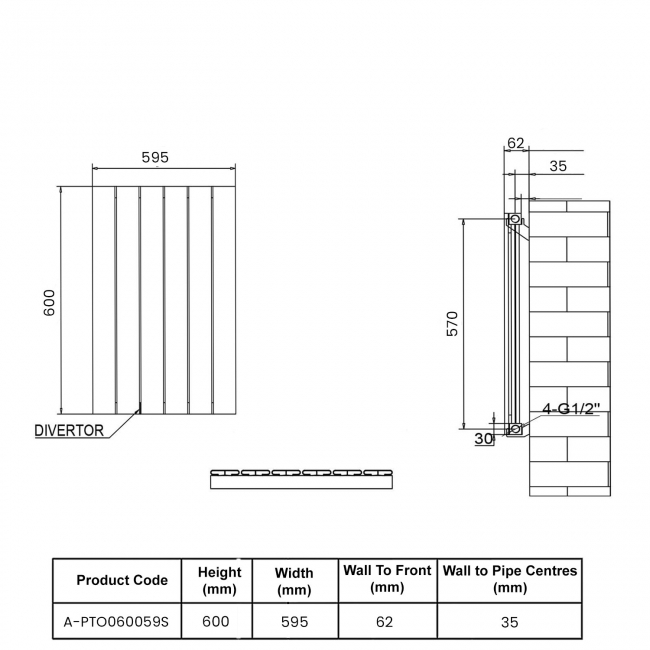 Reina Piatto Single Horizontal Aluminium Radiator 600mm H x 595mm W - Anthracite  | Dimension Image