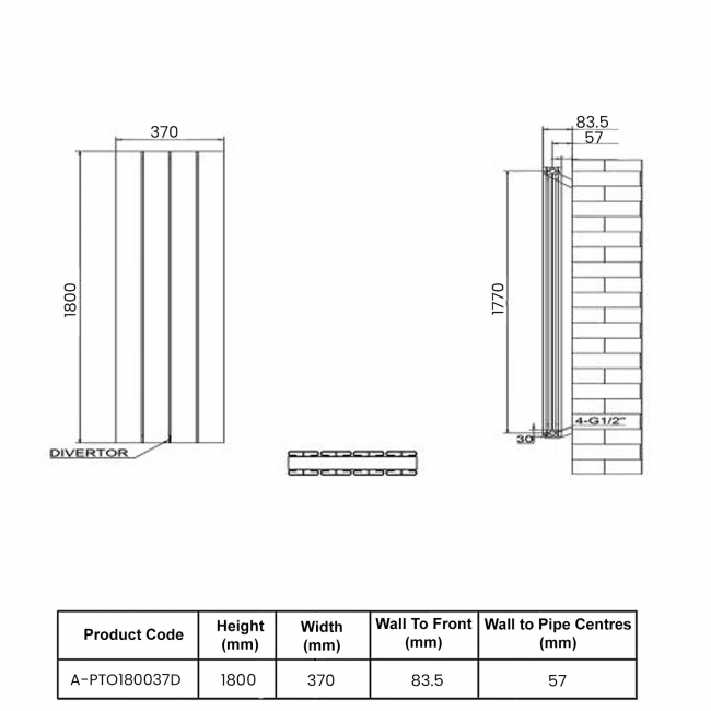 Reina Piatto Double Vertical Aluminium Radiator 1800mm H x 370mm W - White  | Dimension Image