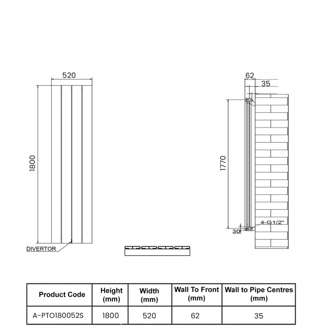 Reina Piatto Single Vertical Aluminium Radiator 1800mm H x 520mm W - White  | Dimension Image