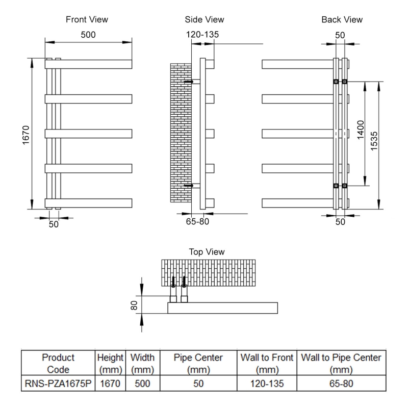 Reina Piazza Designer Heated Towel Rail 1670mm H x 500mm W Polished