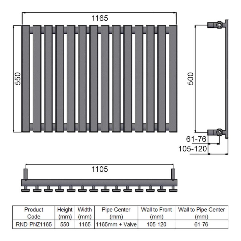 Reina Pienza Designer Horizontal Radiator 550mm H x 1165mm W Chrome