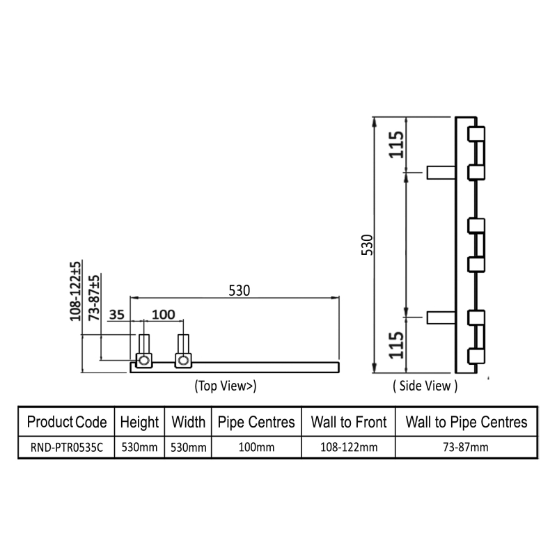 Reina Pietra Designer Heated Towel Rail 530mm H x 530mm W - Chrome  | Dimension Image