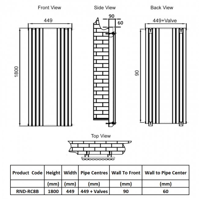 Reina Reflect Mirrored Designer Vertical Radiator 1800mm H x 449mm W Black/Mirror