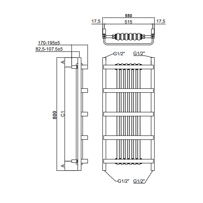 Reina Regina Designer Radiator Towel Rail 800mm H x 550mm W - Gold/Black  | Dimension Image