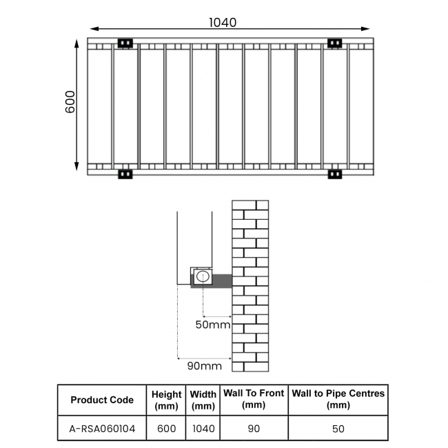 Reina Resia Horizontal Aluminium Radiator 600mm H x 1040mm W - White  | Dimension Image