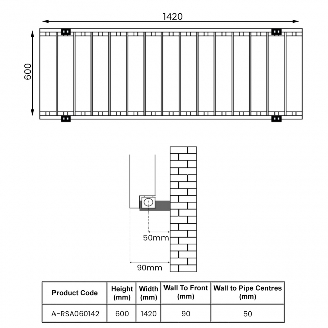 Reina Resia Horizontal Aluminium Radiator 600mm H x 1420mm W - White  | Dimension Image