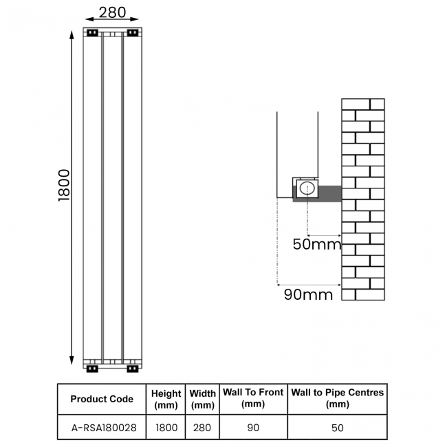 Reina Resia Vertical Aluminium Radiator 1800mm H x 280mm W - Anthracite  | Dimension Image