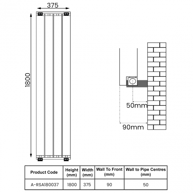 Reina Resia Vertical Aluminium Radiator 1800mm H x 375mm W - White  | Dimension Image