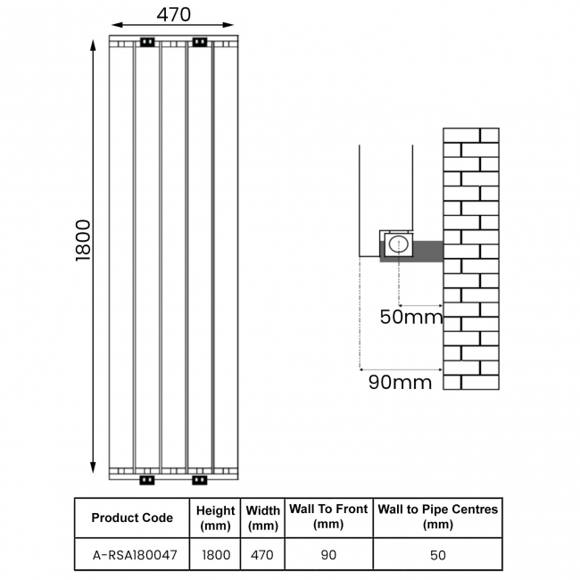 Reina Resia Vertical Aluminium Radiator 1800mm H x 470mm W - White  | Dimension Image