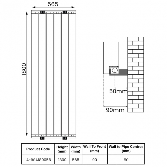Reina Resia Vertical Aluminium Radiator 1800mm H x 565mm W - Anthracite  | Dimension Image
