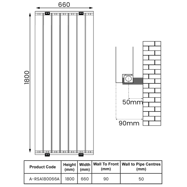 Reina Resia Vertical Aluminium Radiator 1800mm H x 660mm W - Anthracite  | Dimension Image