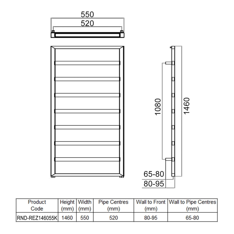 Reina Rezzo Designer Heated Towel Rail 1460mm H x 550mm W - Black  | Dimension Image