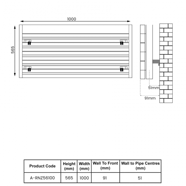 Reina Rienza Horizontal Aluminium Radiator 565mm H x 1000mm W - Anthracite  | Dimension Image