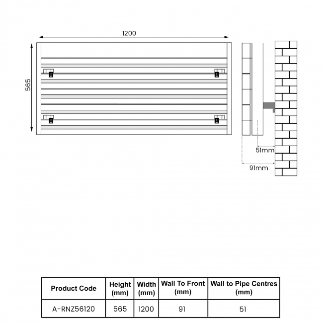 Reina Rienza Horizontal Aluminium Radiator 565mm H x 1200mm W - White  | Dimension Image