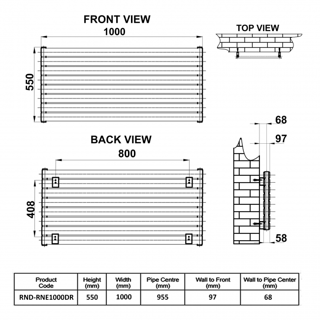 Reina Rione Double Designer Horizontal Radiator 550mm H x 1000mm W RAL