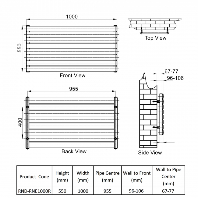 Reina Rione Single Designer Horizontal Radiator 550mm H x 1000mm W RAL