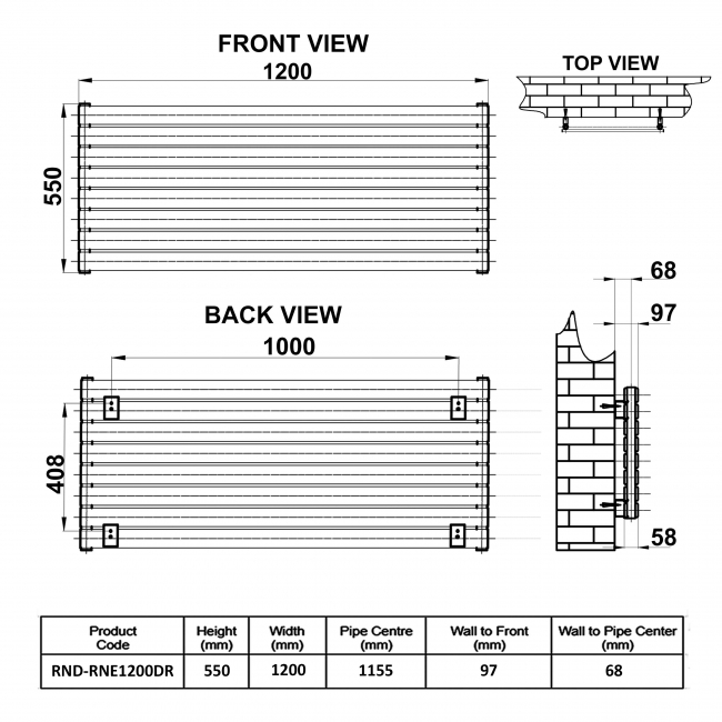 Reina Rione Double Designer Horizontal Radiator 550mm H x 1200mm W RAL