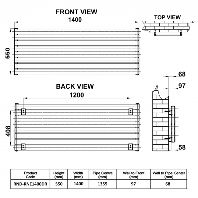 Reina Rione Double Designer Horizontal Radiator 550mm H x 1400mm W RAL